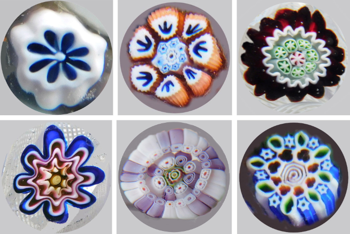 Examples of simple and complex millefiori canes.