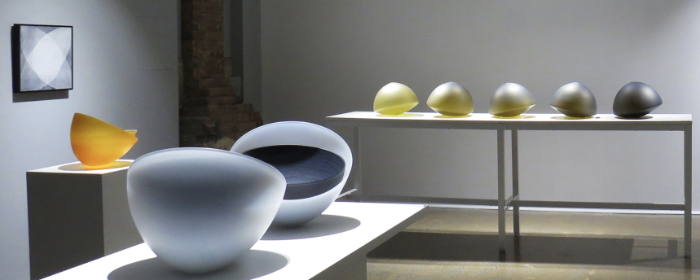 Interior view of the 'Linear Perspective' glass exhibition at Sabbia Gallery.