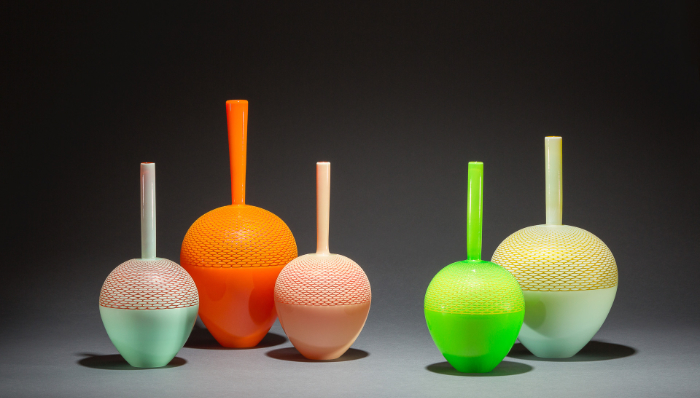 Decorated glass bottles by Carrie Gustafson