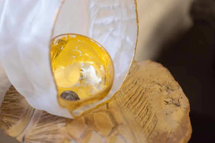 Sculpture with ceramic tile base. On top is a dish-like, sandblasted glass form, containing a gilded glass bowl with a real and a cast glass snail shell.
