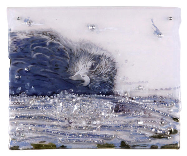 'Floating Kite' panel made from kiln-formed glass, engraved, silvered, painted, paper, print.