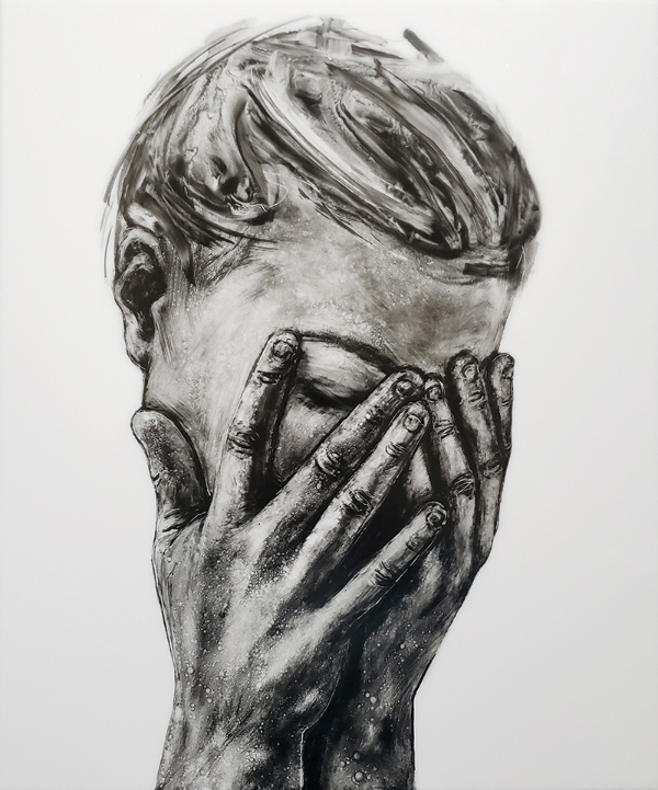 ‘Stricken’ features painted grisaille fired on opal white glass.