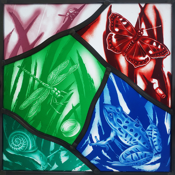 ‘Nature Unsettled’ features etched and glazed mouth-blown flashed glass.