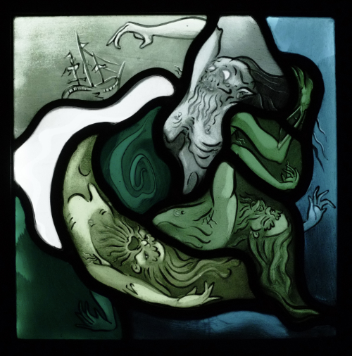 Stained glass panel called 'Somewhere Between the Devil and the Deep Blue Sea'.