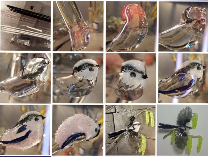A series of photos of the steps taken to make a Long-tailed Tit bird in lampworked borosilicate glass.