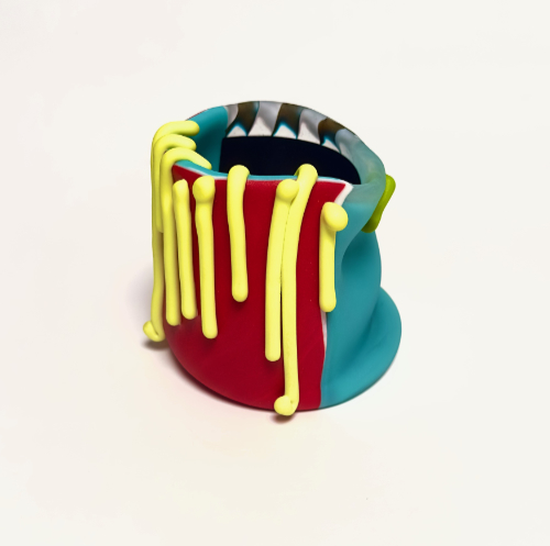 A glass vessel in solid colours of red, aqua and yellow with bent construction as if melting.