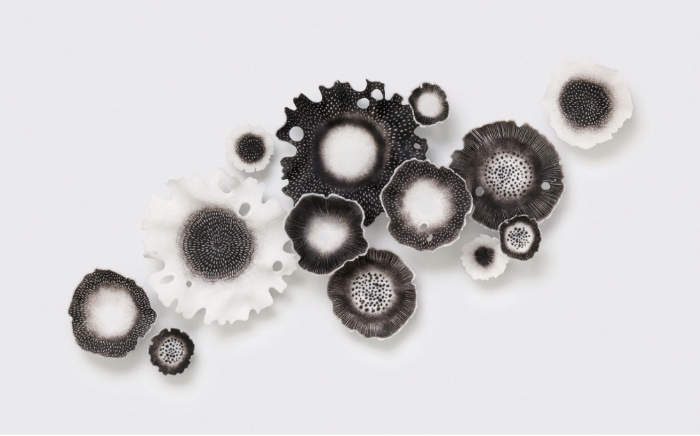 Pate de verre glass artwork by Verity Pulford called Dark Glimmers, featuring several flower head-like structures in monotone colours.