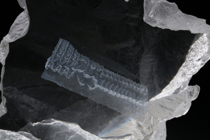 Cast glass sculpture in clear glass called Early Morning Wren representing the sound of a quarry as a spectogram etched inside the glass.