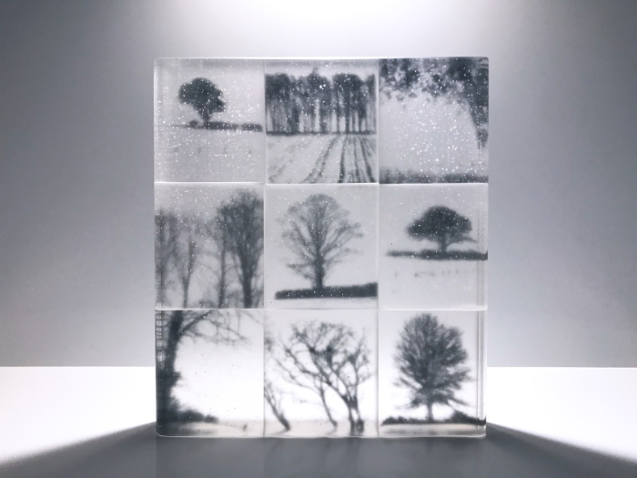 Clear glass square panel made up of 9 blocks, each with a different black image of bare trees in the landscape, some close up and others at a distance. Piece called Memories.