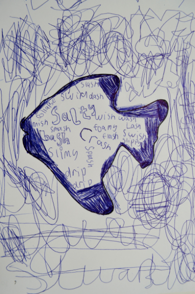 A child's drawing showing how the class drew around their glass fish brooches and made marks before writing words associated with the sea to go with a window for the school library.