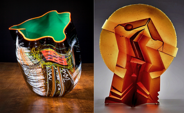 Image of glass vessel made by Dale Chihuly on the left with emerald green interior, wavy rim in yellow and orange and contrasting dark outside with busy patterns and mark making. It is called Black Pine Soft Cylinder with Cadmium Orange Lip Wrap. On the right an image of an amber colour cast glass sculpture featuring angles and a circular structure by Konstantin Valchev called Illusion.