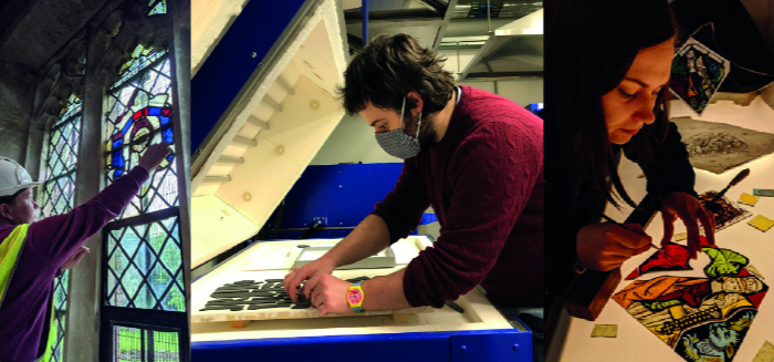 Image composite of three stained glass artists. One stands next to a stained glass window wearing a hard hat and is comparing glass colour with the existing window. One is placing pieces of painted glass into a kiln and the third is painting pieces of stained glass on a Lightbox.