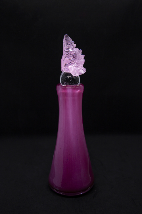 Purple tall solid glass vase featuring stopped made from blown glass and pate de verre Romanesco-inspired sculpture.