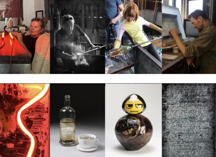 Images of 4 glass artists at work and examples of their work shown below. Artists are Jeff Zimmer, Karen Browning, James Maskrey and Moonju Suh.