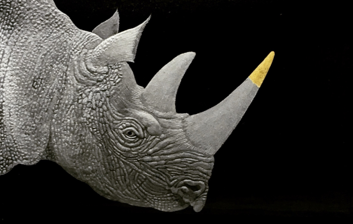 A finely engraved rhinoceros head in tones of grey on black glass, featuring a gold leaf tip to the horn. Engraved by Nancy Sutcliffe.