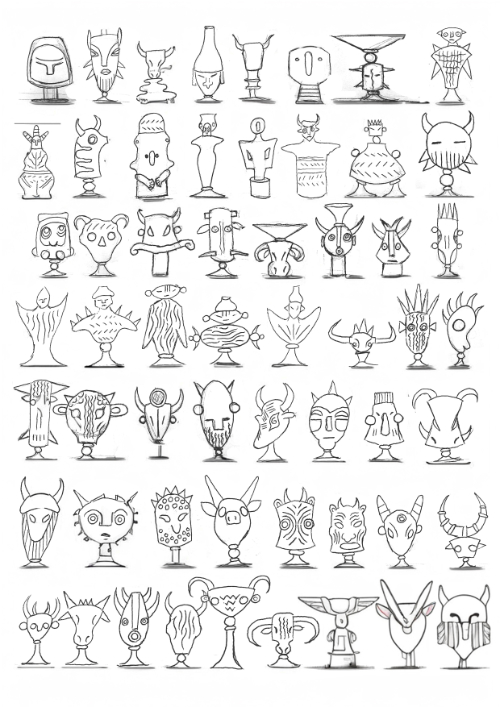 A page of sketches of ideas for glass masks in black and white - about 50 different designs.